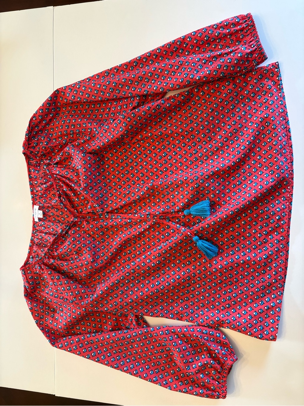 J. Crew Small Red Patterned Drawstring Top with Blue Tassels
